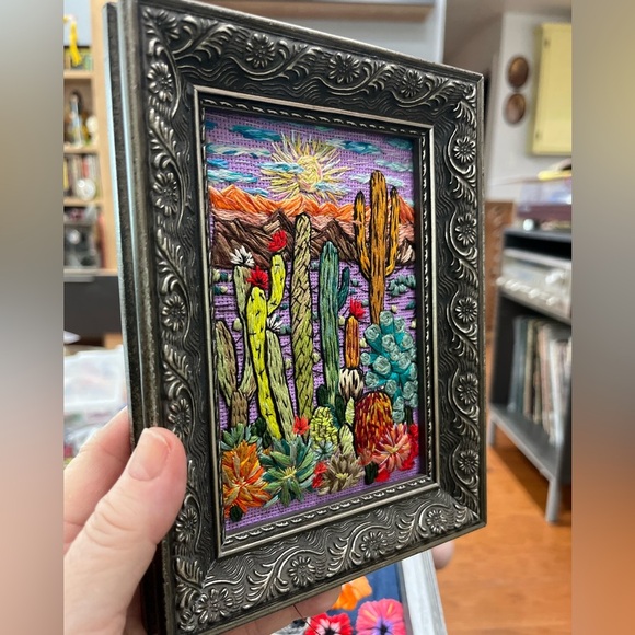 Colorful handmade Cactus Embroidery in Ornate Frame 6 by 8 inches - Picture 4 of 4